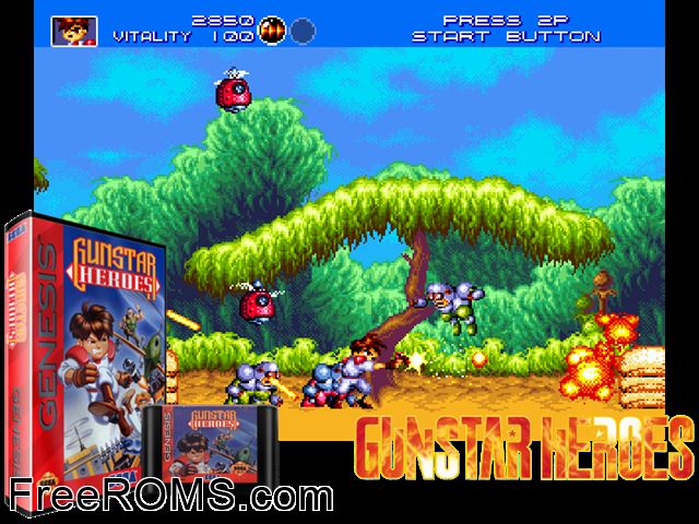 Gunstar Heroes Genesis game showing 3D box cover and gameplay screenshot