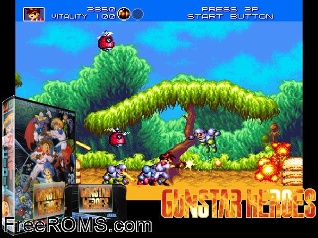 Gunstar Heroes (Sample) (Japan) Genesis game showing 3D box cover and gameplay screenshot