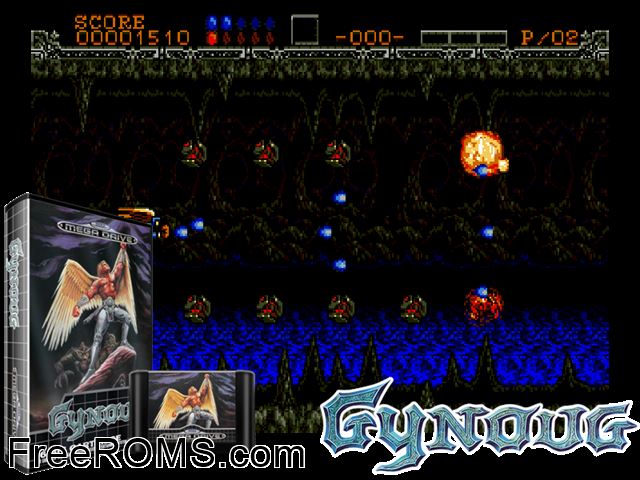 Gynoug (Japan) Genesis game showing 3D box cover and gameplay screenshot