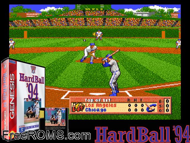 HardBall '94 Genesis game showing 3D box cover and gameplay screenshot