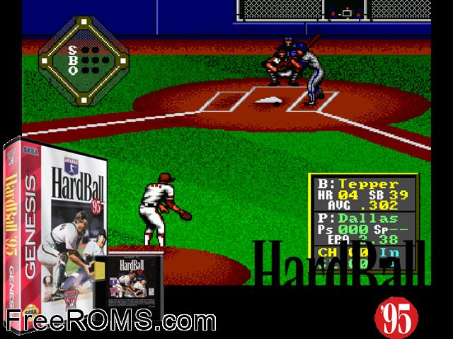 HardBall '95 Genesis game showing 3D box cover and gameplay screenshot