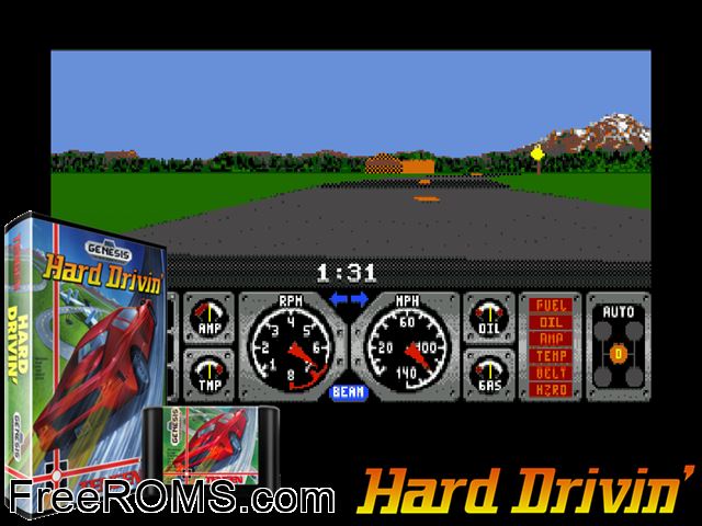Hard Drivin' Genesis game showing 3D box cover and gameplay screenshot