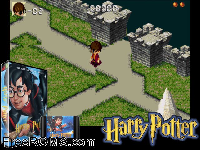 Harry Potter Genesis game showing 3D box cover and gameplay screenshot