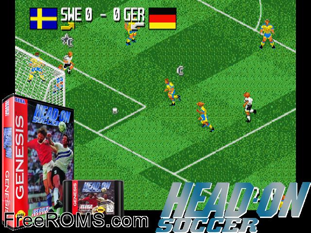 Head-On Soccer Genesis game showing 3D box cover and gameplay screenshot