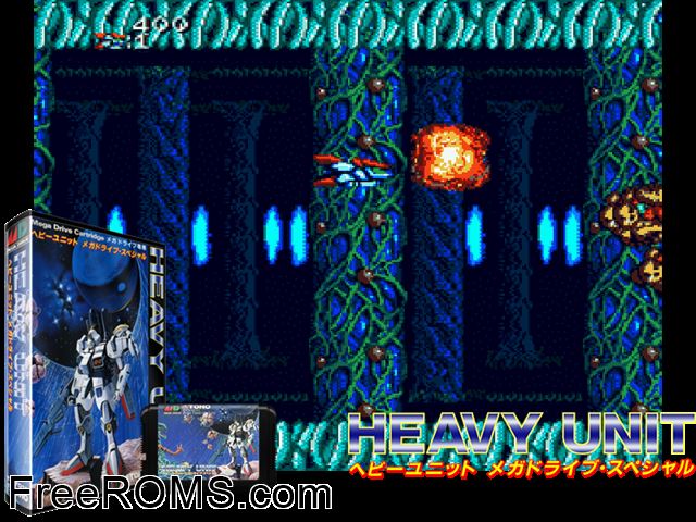 Heavy Unit Genesis game showing 3D box cover and gameplay screenshot