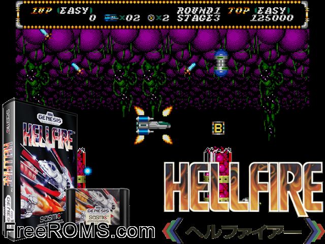 Hellfire (Japan) Genesis game showing 3D box cover and gameplay screenshot