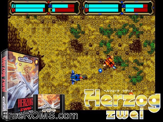 Herzog Zwei Genesis game showing 3D box cover and gameplay screenshot