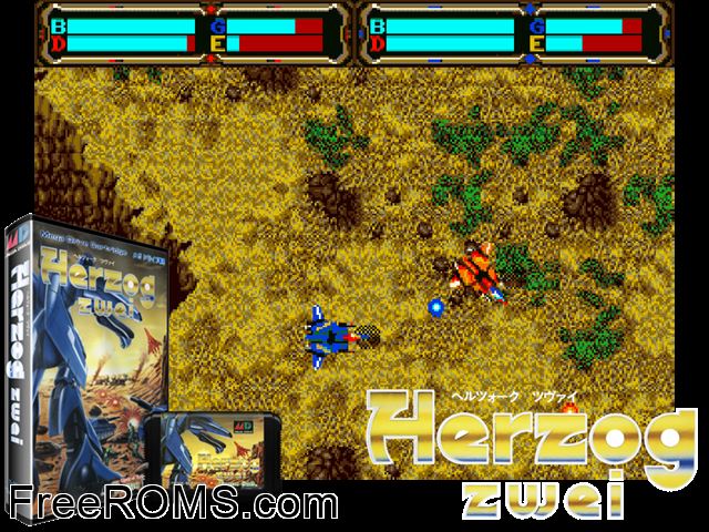 Herzog Zwei (Japan) Genesis game showing 3D box cover and gameplay screenshot