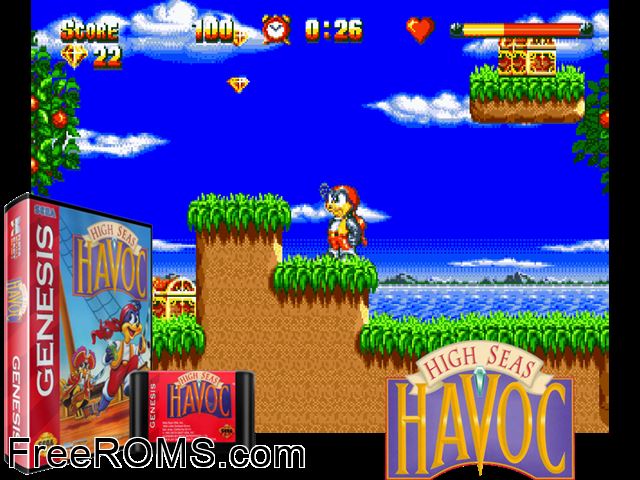 Highseas HaVoc Genesis game showing 3D box cover and gameplay screenshot