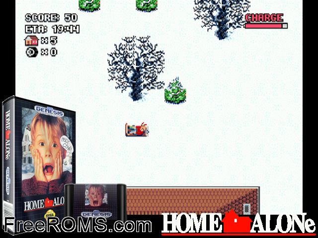 Home Alone Genesis game showing 3D box cover and gameplay screenshot
