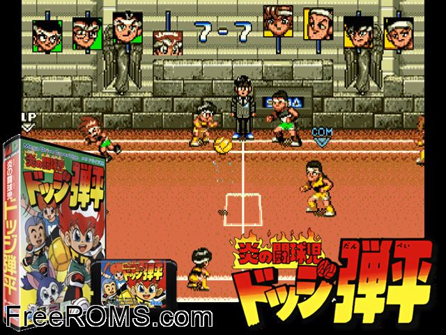 Honoo no Toukyuuji Dodge Danpei (Japan) Genesis game showing 3D box cover and gameplay screenshot