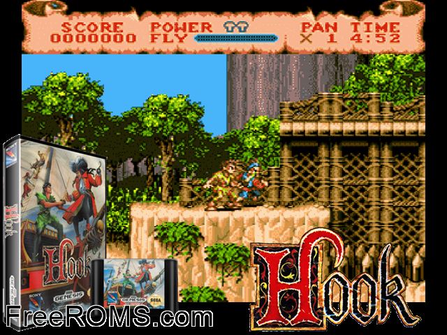 Hook Genesis game showing 3D box cover and gameplay screenshot