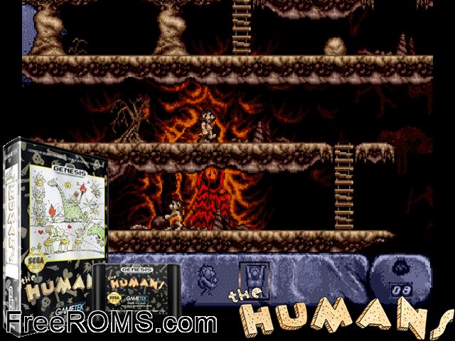 Humans, The Genesis game showing 3D box cover and gameplay screenshot