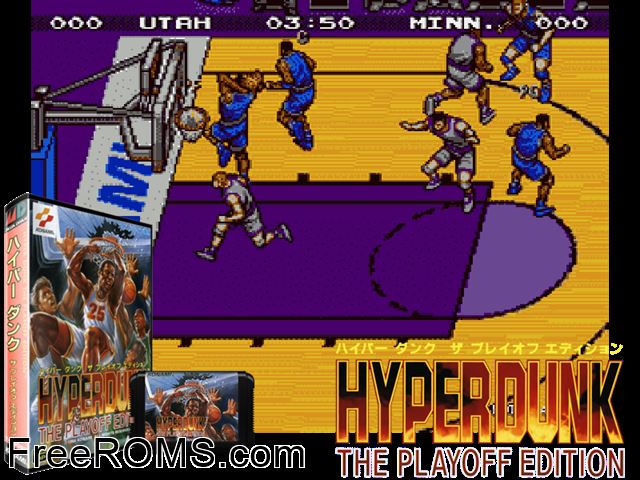 Hyper Dunk - The Playoff Edition (Japan) Genesis game showing 3D box cover and gameplay screenshot
