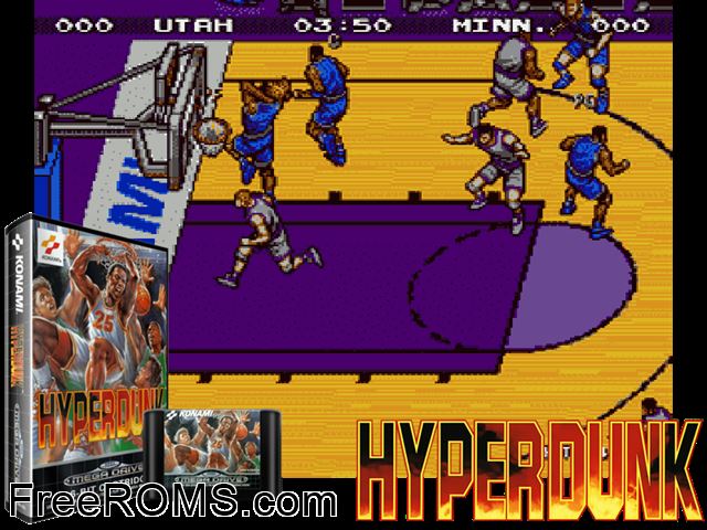 Hyper Dunk Genesis game showing 3D box cover and gameplay screenshot