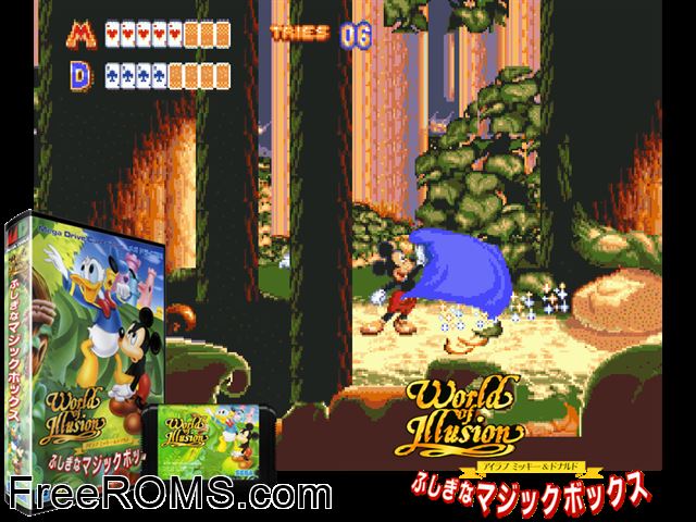 I Love Mickey And Donald - Fushigi na Magic Box (Japan) Genesis game showing 3D box cover and gameplay screenshot