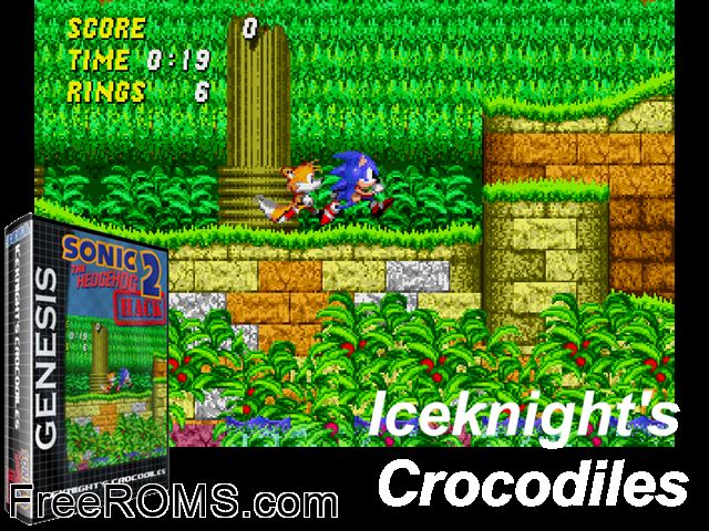 Iceknight's Crocodiles (S2 Hack) Genesis game showing 3D box cover and gameplay screenshot