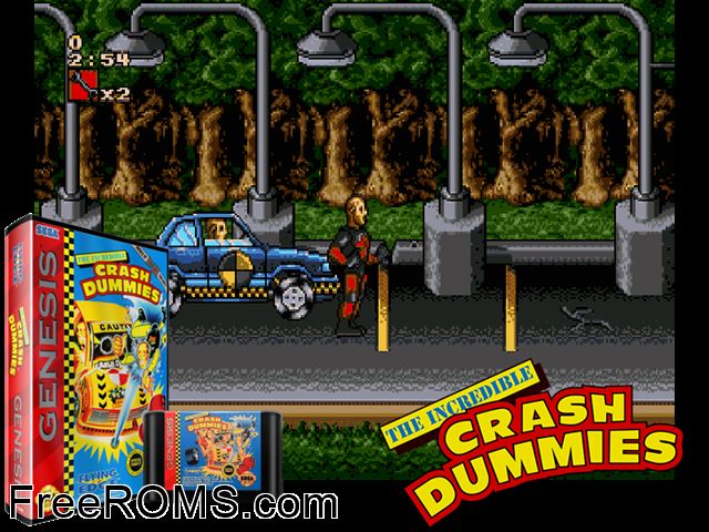 Incredible Crash Dummies Genesis game showing 3D box cover and gameplay screenshot