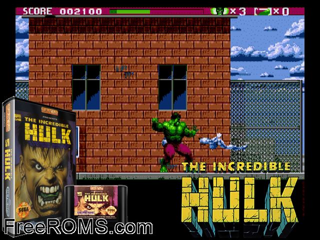 Incredible Hulk Genesis game showing 3D box cover and gameplay screenshot