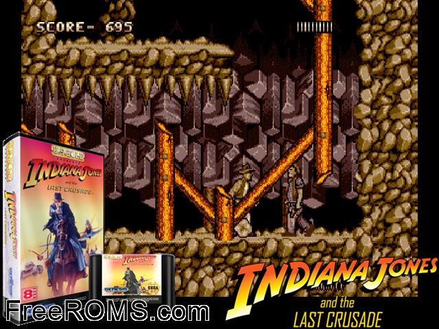 Indiana Jones and the Last Crusade Genesis game showing 3D box cover and gameplay screenshot