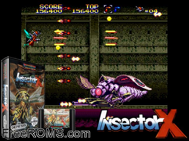 Insector X (Japan) Genesis game showing 3D box cover and gameplay screenshot