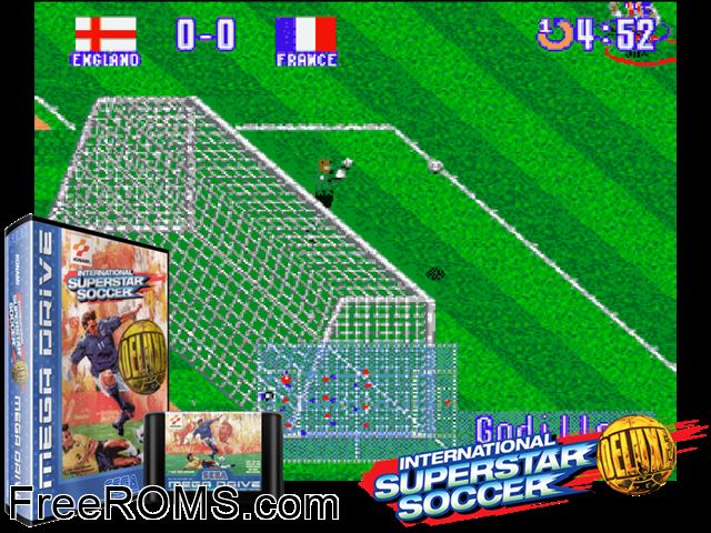 International Superstar Soccer Deluxe Genesis game showing 3D box cover and gameplay screenshot
