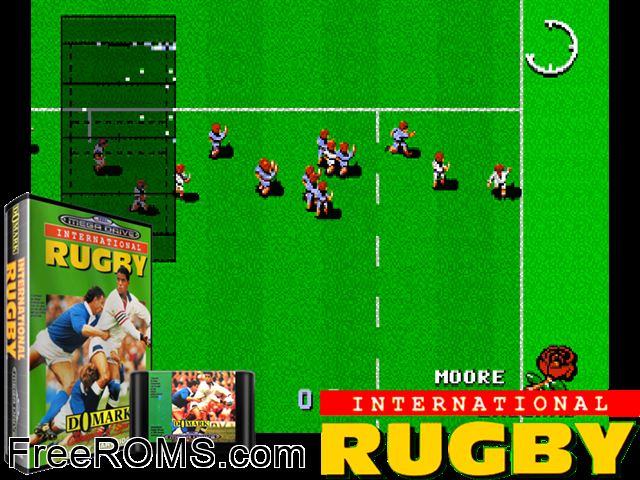 International Rugby Genesis game showing 3D box cover and gameplay screenshot