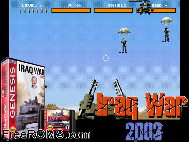 Iraq War 2003 Genesis game showing 3D box cover and gameplay screenshot