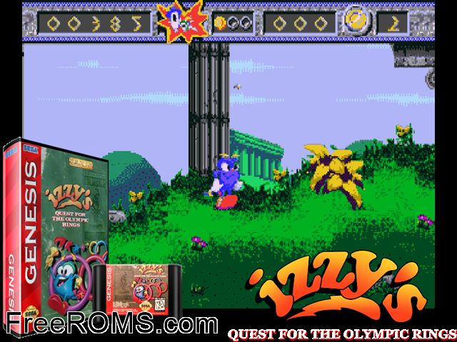 Izzy's Quest for the Olympic Rings Genesis game showing 3D box cover and gameplay screenshot