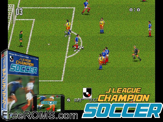 J. League Champion Soccer (Japan) Genesis game showing 3D box cover and gameplay screenshot