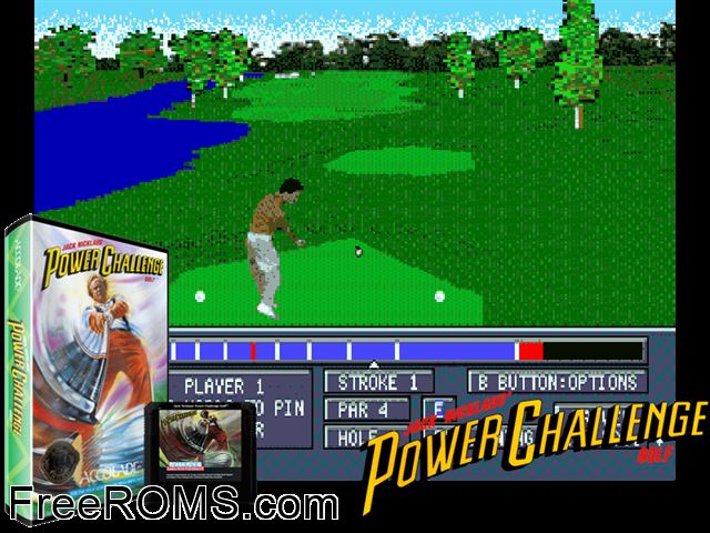 Jack Nicklaus Power Challenge Golf Genesis game showing 3D box cover and gameplay screenshot