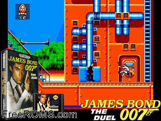 James Bond - The Duel Genesis game showing 3D box cover and gameplay screenshot