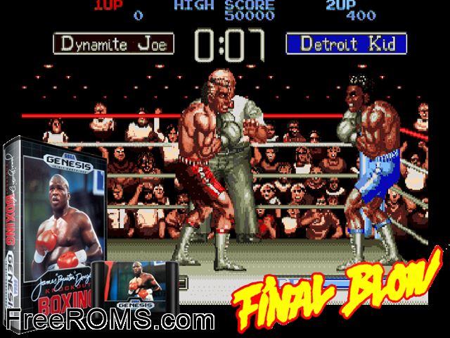 James Buster Douglas Knock Out Boxing Genesis game showing 3D box cover and gameplay screenshot