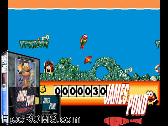 James Pond Genesis game showing 3D box cover and gameplay screenshot