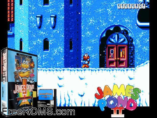 James Pond 2 Genesis game showing 3D box cover and gameplay screenshot