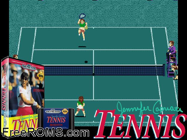 Jennifer Capriati Tennis Genesis game showing 3D box cover and gameplay screenshot
