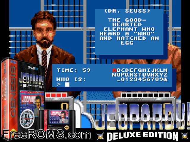 Jeopardy! 92 Genesis game showing 3D box cover and gameplay screenshot