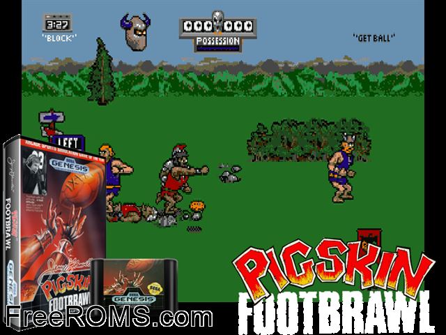 Jerry Glanville's PigSkin Footbrawl Genesis game showing 3D box cover and gameplay screenshot