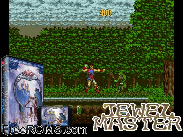 Jewel Master (Japan) Genesis game showing 3D box cover and gameplay screenshot