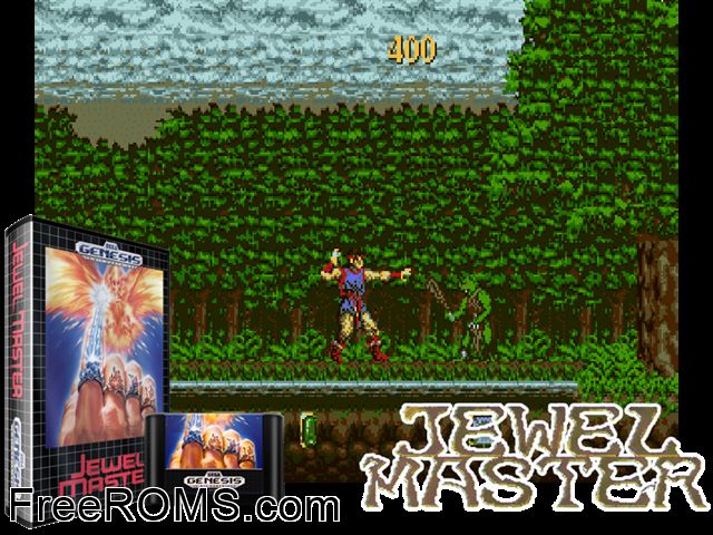 Jewel Master Genesis game showing 3D box cover and gameplay screenshot