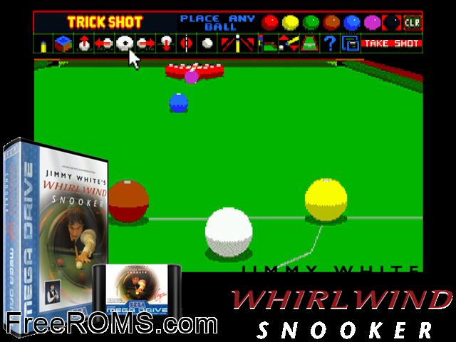 Jimmy White's Whirlwind Snooker Genesis game showing 3D box cover and gameplay screenshot