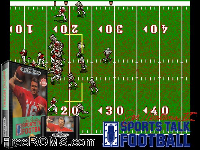 Joe Montana Sports Talk Football 2 (REV00) Genesis game showing 3D box cover and gameplay screenshot