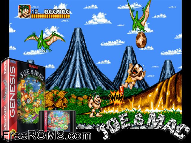 Joe and Mac Caveman Ninja Genesis game showing 3D box cover and gameplay screenshot