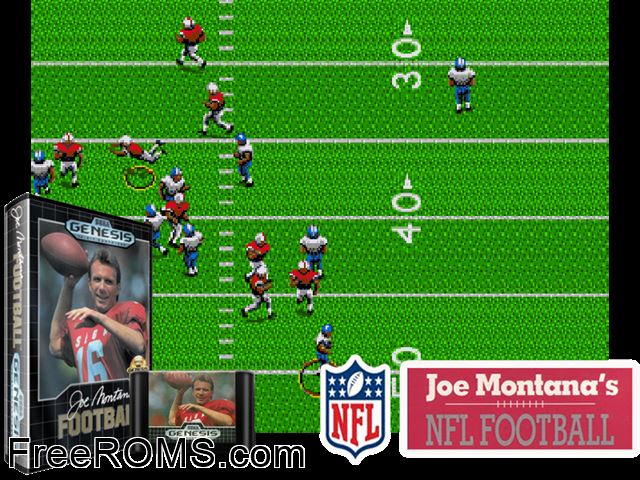 Joe Montana Football Genesis game showing 3D box cover and gameplay screenshot