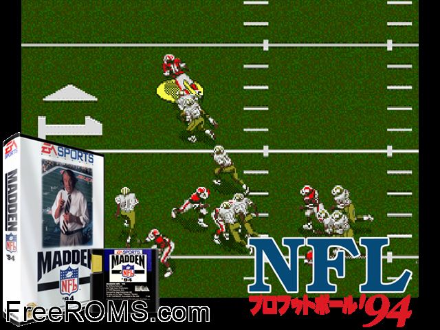John Madden NFL 94 Genesis game showing 3D box cover and gameplay screenshot