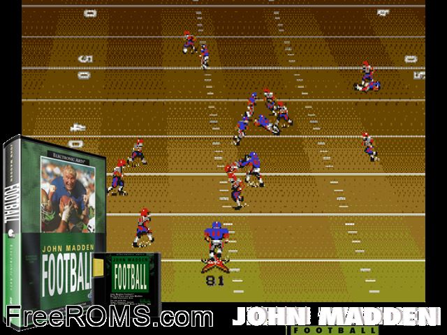 John Madden Football '91 Genesis game showing 3D box cover and gameplay screenshot