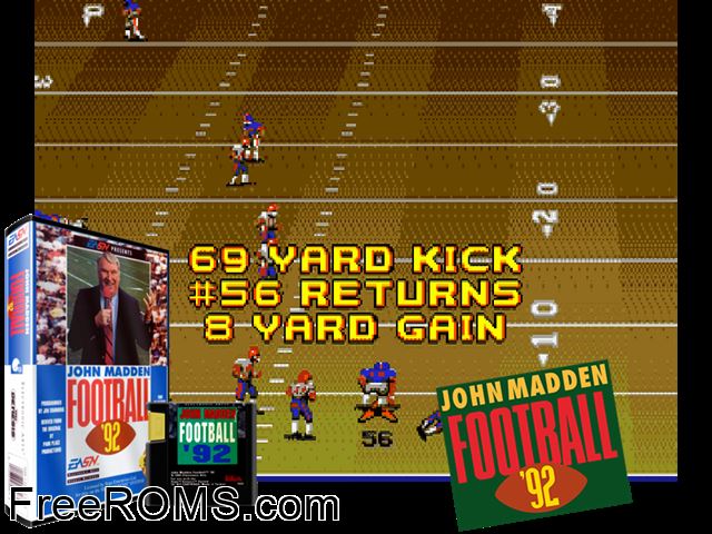 John Madden Football '92 Genesis game showing 3D box cover and gameplay screenshot