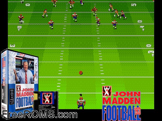 John Madden Football '93 Genesis game showing 3D box cover and gameplay screenshot