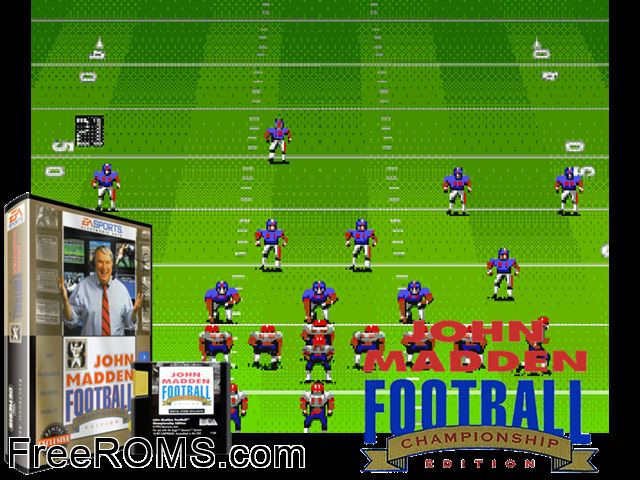 John Madden Football '93 - Championship Edition Genesis game showing 3D box cover and gameplay screenshot