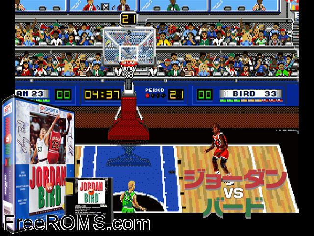 Jordan vs. Bird Genesis game showing 3D box cover and gameplay screenshot